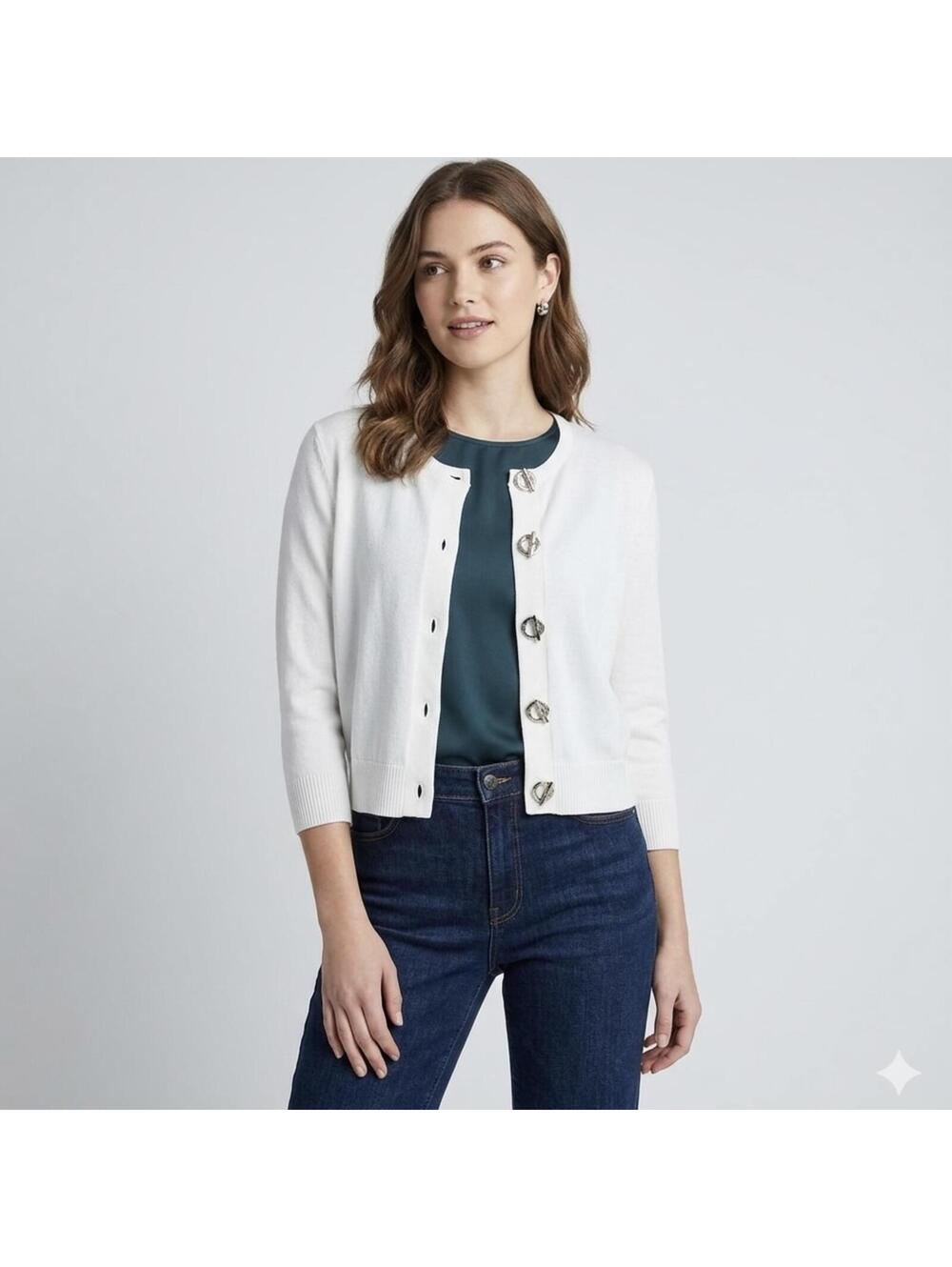 Calvin Klein Women's White Knit 3/4 Sleeve Casual Neutral Cardigan Size L